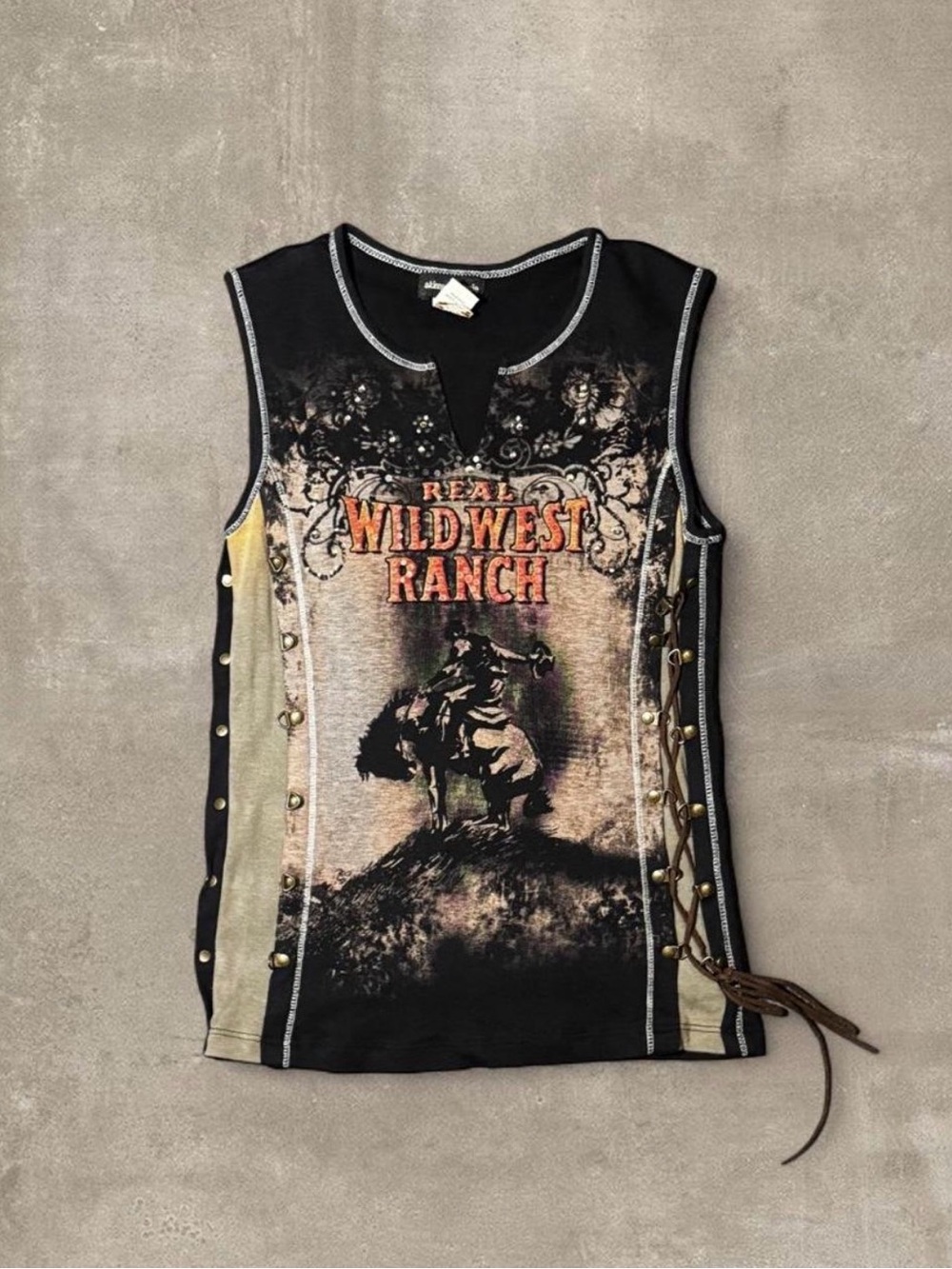 Y2K Wild West Ranch Tank Top with graphic of a cowboy on a horse